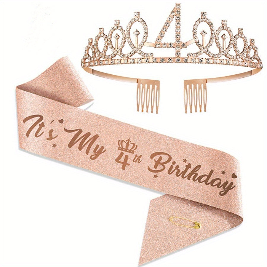 Rose Gold Birthday Celebration Kit includes tiara, sash with "Mr. & Mrs." option, perfect for milestone occasions. Includes party favors, photo props, metal material, no power required.