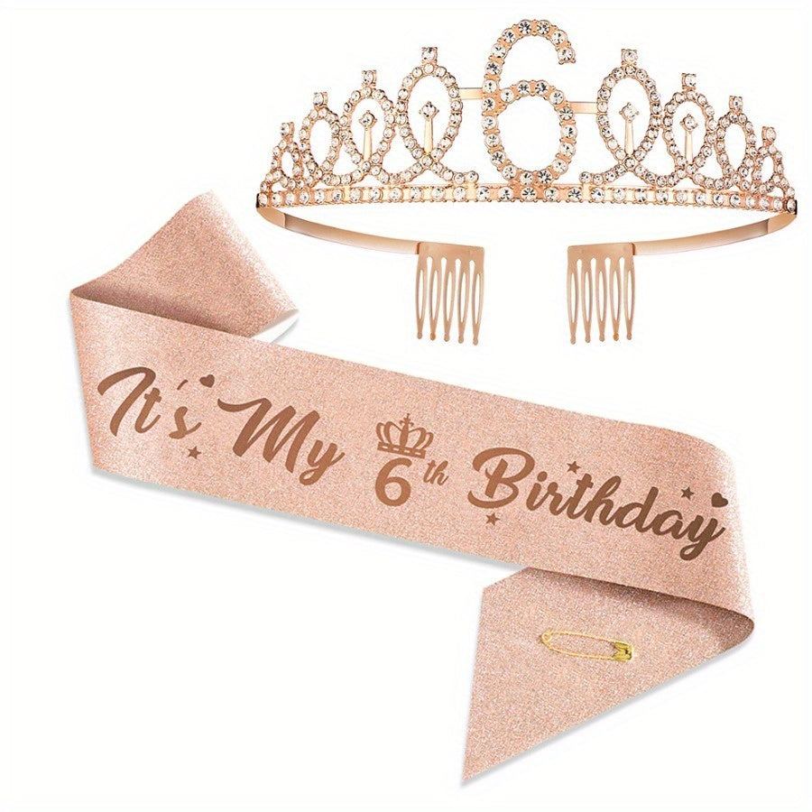 Rose Gold Birthday Celebration Kit includes tiara, sash with "Mr. & Mrs." option, perfect for milestone occasions. Includes party favors, photo props, metal material, no power required.