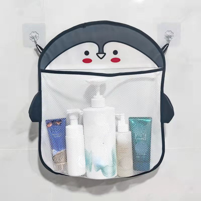 Penguin, hamster, and bear design bathroom storage organizer with water resistant mesh, suction cups for shower, and plastic hanging bag.