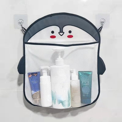 Penguin, hamster, and bear design bathroom storage organizer with water resistant mesh, suction cups for shower, and plastic hanging bag.