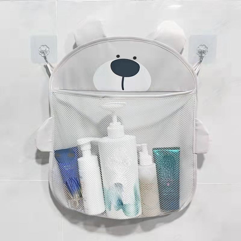 Penguin, hamster, and bear design bathroom storage organizer with water resistant mesh, suction cups for shower, and plastic hanging bag.