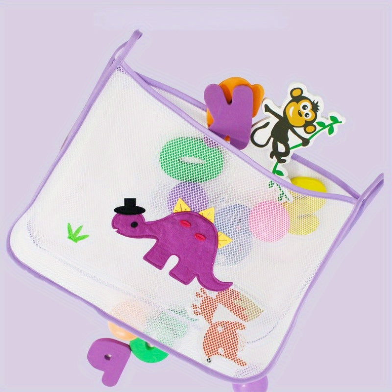 Bathroom toy organizer with cartoon design, large capacity, mesh storage bag, 2 hooks, wall-mountable for glass and tile surfaces.