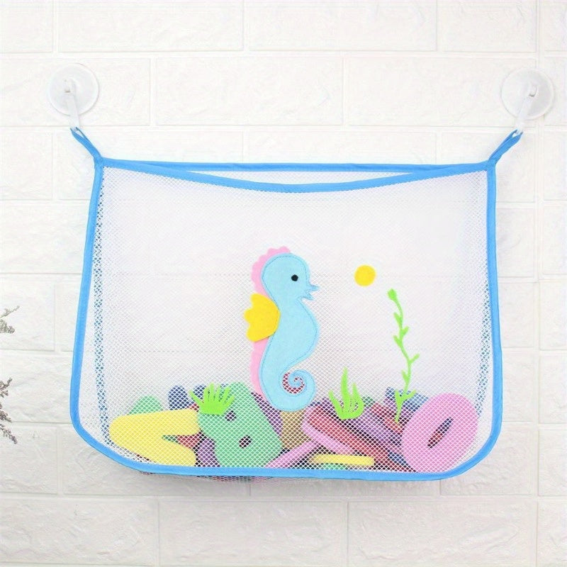 Bathroom toy organizer with cartoon design, large capacity, mesh storage bag, 2 hooks, wall-mountable for glass and tile surfaces.