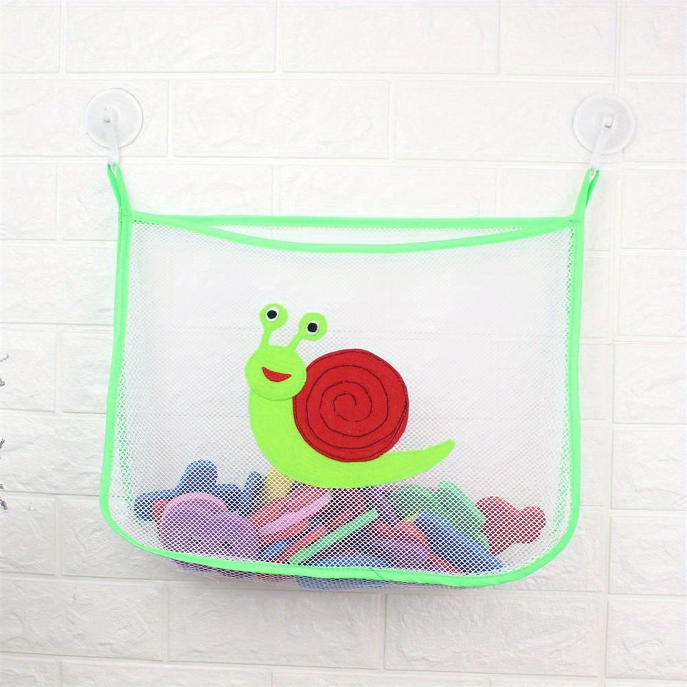 Bathroom toy organizer with cartoon design, large capacity, mesh storage bag, 2 hooks, wall-mountable for glass and tile surfaces.