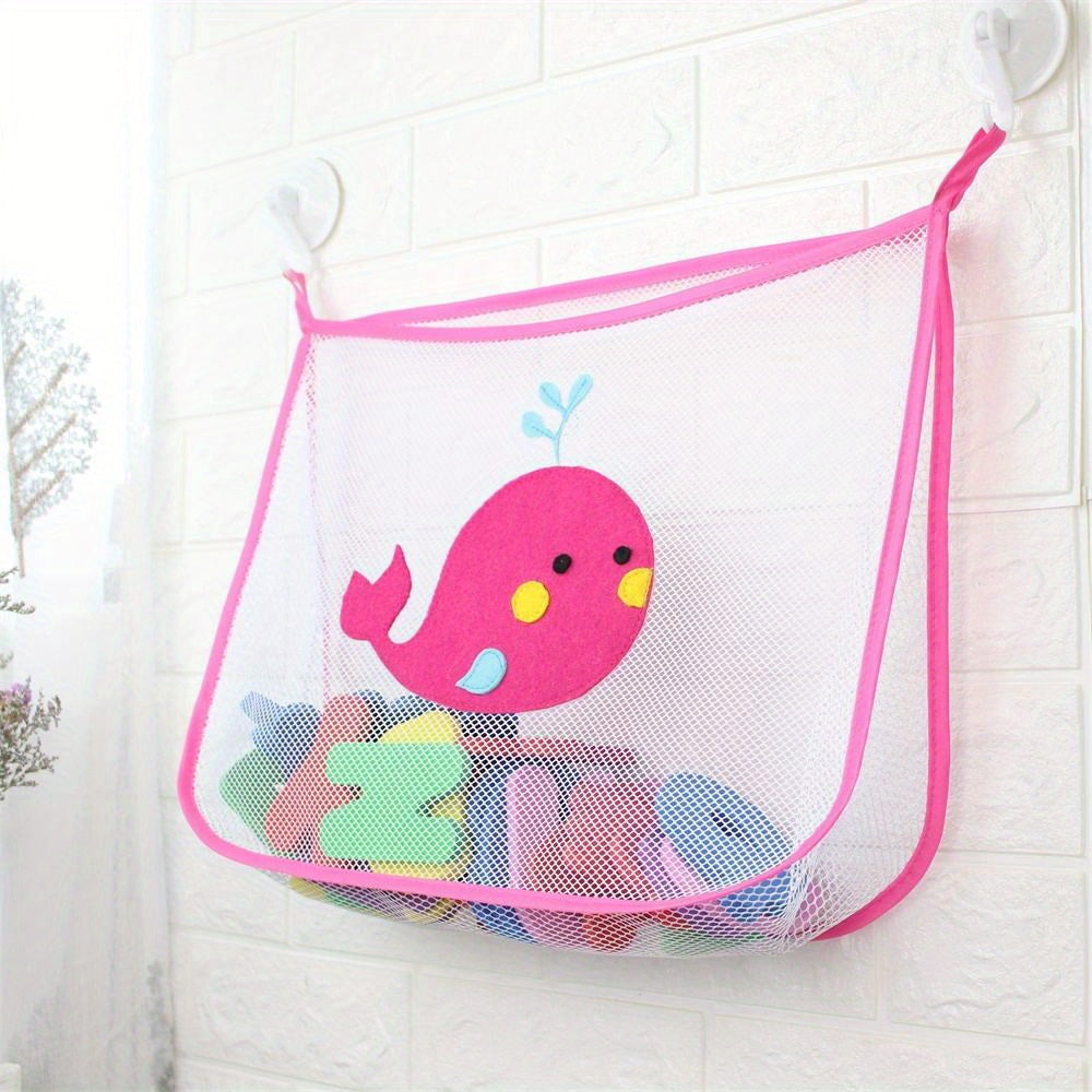 Bathroom toy organizer with cartoon design, large capacity, mesh storage bag, 2 hooks, wall-mountable for glass and tile surfaces.