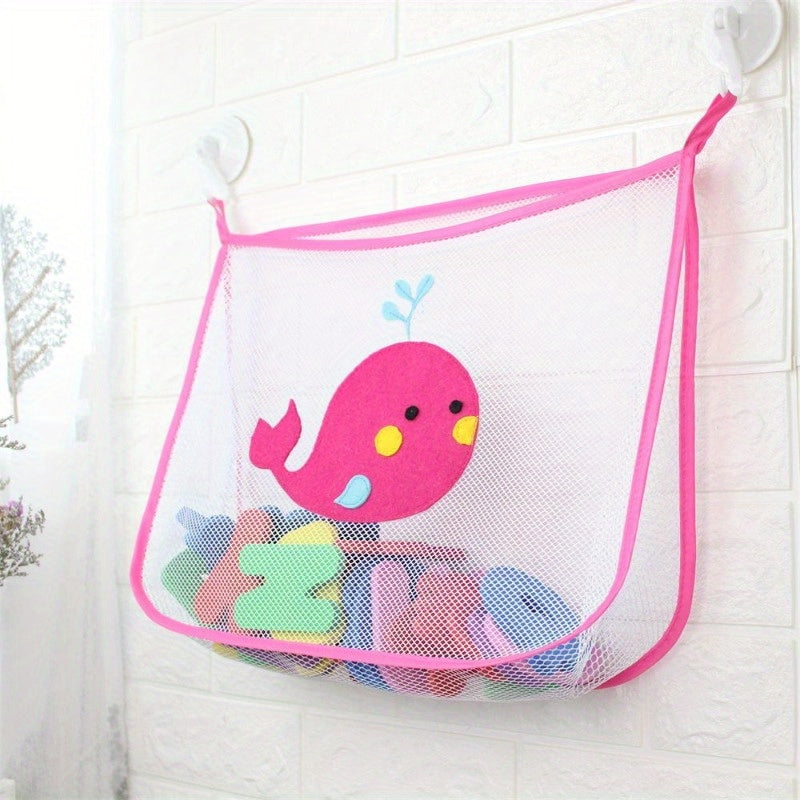 Bathroom toy organizer with cartoon design, large capacity, mesh storage bag, 2 hooks, wall-mountable for glass and tile surfaces.