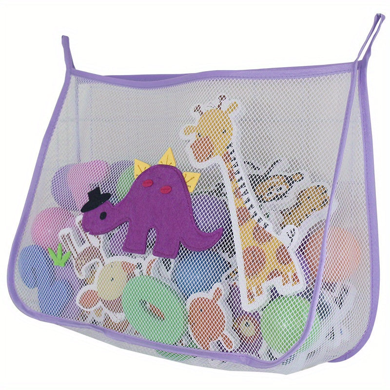 Bathroom toy organizer with cartoon design, large capacity, mesh storage bag, 2 hooks, wall-mountable for glass and tile surfaces.