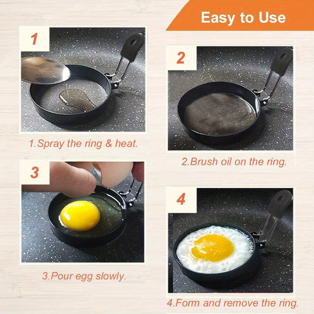 Set of 4 stainless steel egg rings that are non-stick and perfect for making circular muffins in the British style. Great for frying pancakes, portable for use in barbecues, and ideal for making breakfast sandwiches and burgers while camping. A must-have