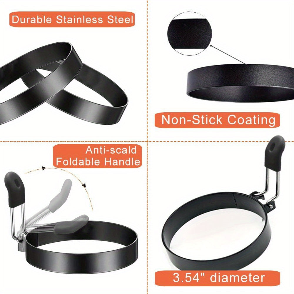 Set of 4 stainless steel egg rings that are non-stick and perfect for making circular muffins in the British style. Great for frying pancakes, portable for use in barbecues, and ideal for making breakfast sandwiches and burgers while camping. A must-have