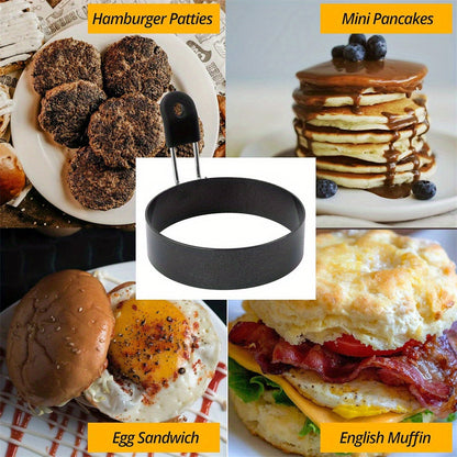 Set of 4 stainless steel egg rings that are non-stick and perfect for making circular muffins in the British style. Great for frying pancakes, portable for use in barbecues, and ideal for making breakfast sandwiches and burgers while camping. A must-have