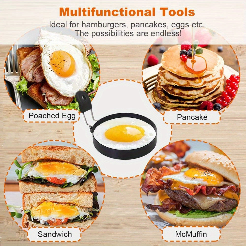 Set of 4 stainless steel egg rings that are non-stick and perfect for making circular muffins in the British style. Great for frying pancakes, portable for use in barbecues, and ideal for making breakfast sandwiches and burgers while camping. A must-have