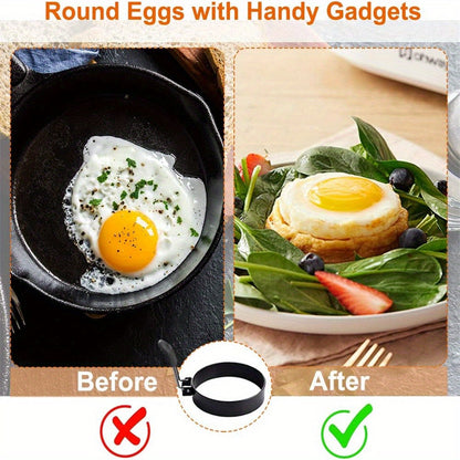 Set of 4 stainless steel egg rings that are non-stick and perfect for making circular muffins in the British style. Great for frying pancakes, portable for use in barbecues, and ideal for making breakfast sandwiches and burgers while camping. A must-have