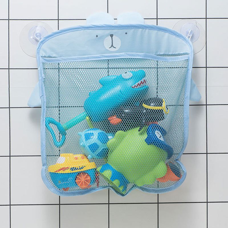 Foldable shower toy organizer for bathroom storage with cartoon design.