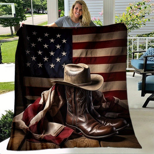 Vintage cowboy-themed 3D printing flannel blanket featuring a cowboy hat, shoe, flag, and a leather design - perfect for adding a western touch to your bedroom or outdoor space.