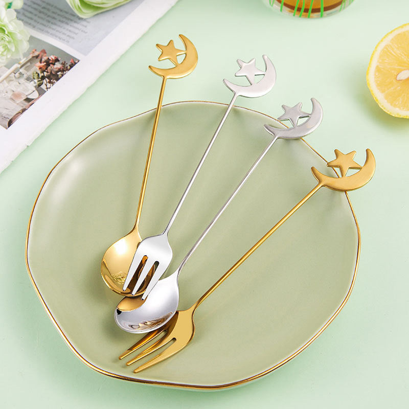 Stainless Steel Moon-Shaped Coffee Spoon and Dessert Fork Set - Ideal for Desserts such as Cake, Ice Cream, and Fruit - Great for Home, Kitchen, or Restaurant Service.