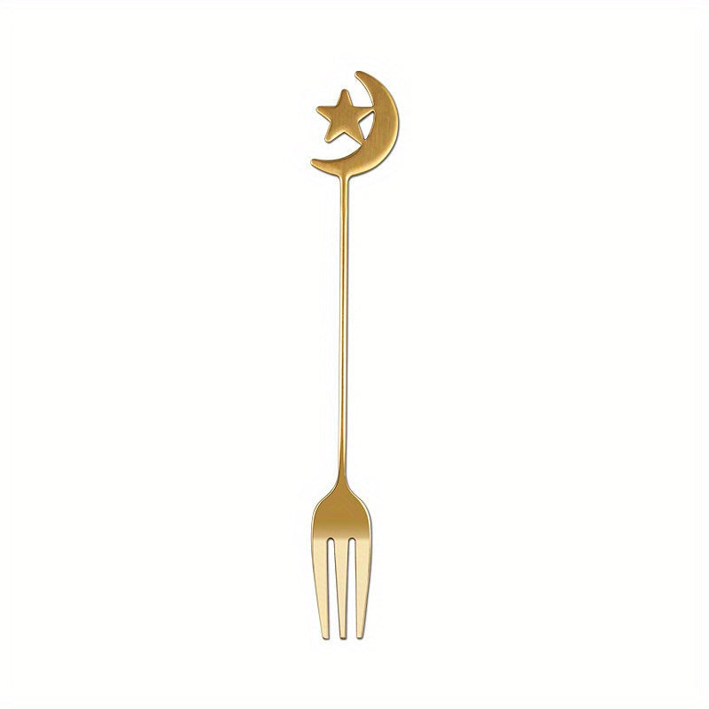 Stainless Steel Moon-Shaped Coffee Spoon and Dessert Fork Set - Ideal for Desserts such as Cake, Ice Cream, and Fruit - Great for Home, Kitchen, or Restaurant Service.