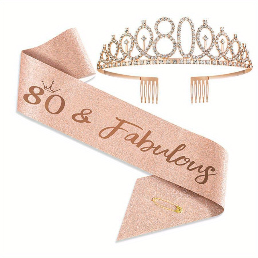 Bundle includes 2pcs of birthday sash, crown, tiara for women ages 30, 40, 50, 60, 70, 80. Also includes Happy Birthday sash, fabulous gifts, party favors, hair comb, and headband.