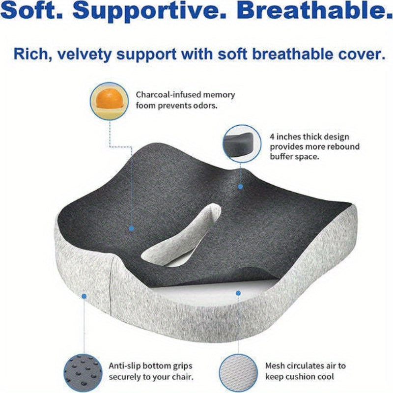 Memory foam seat cushion for extended sitting comfort at home, office, car, or wheelchair - designed for hip, tailbone, coccyx, and sciatica relief.