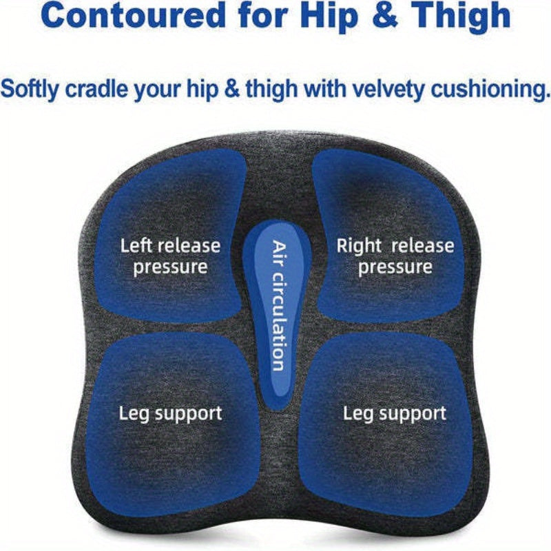 Memory foam seat cushion for extended sitting comfort at home, office, car, or wheelchair - designed for hip, tailbone, coccyx, and sciatica relief.