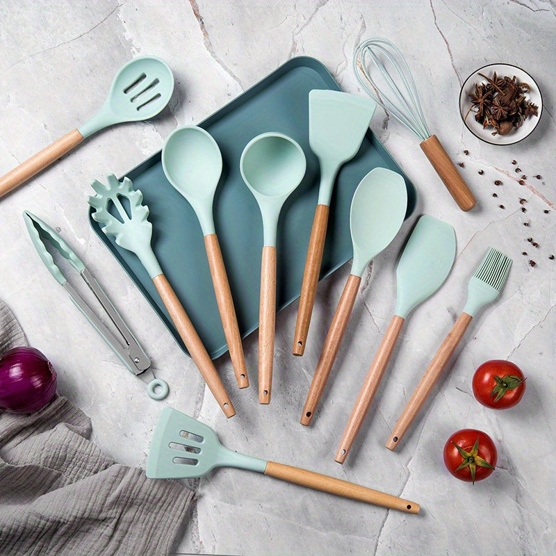 Silicone Kitchen Utensil Set with Wooden Handles, Non-stick Spatula and Spoon Set, 5/11/14-Piece, Heat-Resistant Utensils for Pots