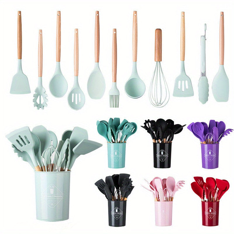 Silicone Kitchen Utensil Set with Wooden Handles, Non-stick Spatula and Spoon Set, 5/11/14-Piece, Heat-Resistant Utensils for Pots