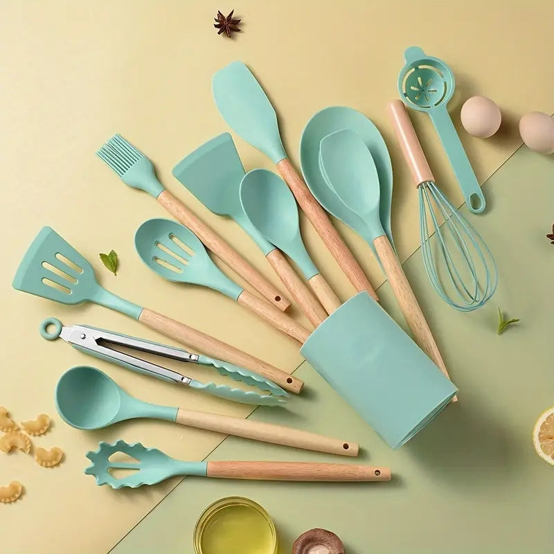 Silicone Kitchen Utensil Set with Wooden Handles, Non-stick Spatula and Spoon Set, 5/11/14-Piece, Heat-Resistant Utensils for Pots