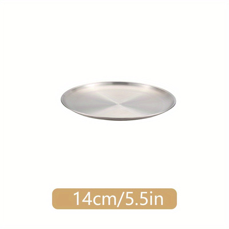 1pc Stainless Steel Dinner Plate for kitchen, restaurant, party use. Can be used as a fruit plate, meat plate, cake plate, dessert plate, or round plate.