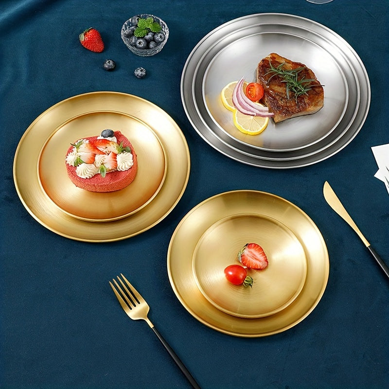 1pc Stainless Steel Dinner Plate for kitchen, restaurant, party use. Can be used as a fruit plate, meat plate, cake plate, dessert plate, or round plate.