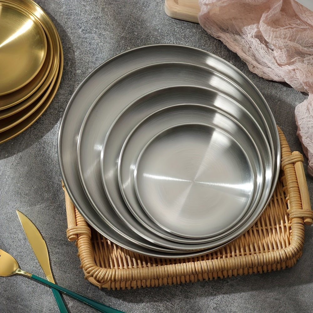 1pc Stainless Steel Dinner Plate for kitchen, restaurant, party use. Can be used as a fruit plate, meat plate, cake plate, dessert plate, or round plate.