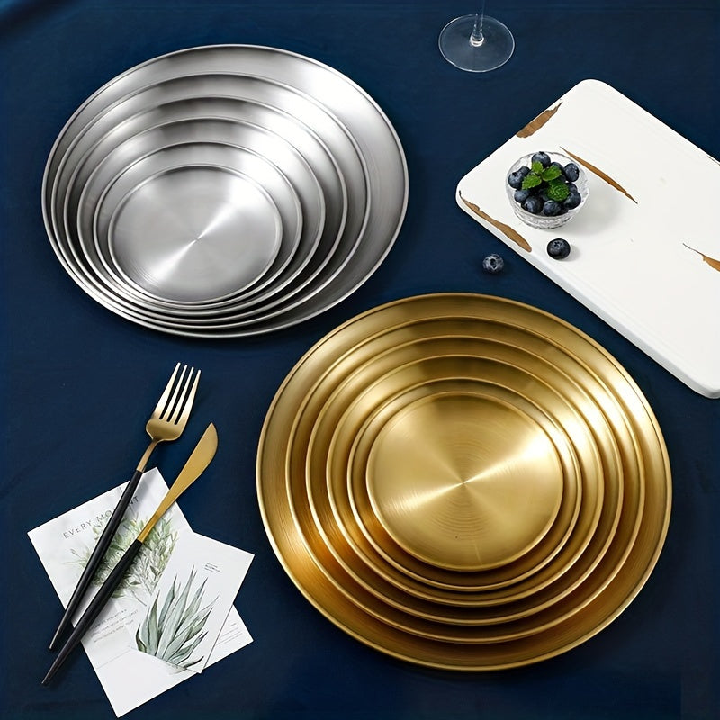 1pc Stainless Steel Dinner Plate for kitchen, restaurant, party use. Can be used as a fruit plate, meat plate, cake plate, dessert plate, or round plate.