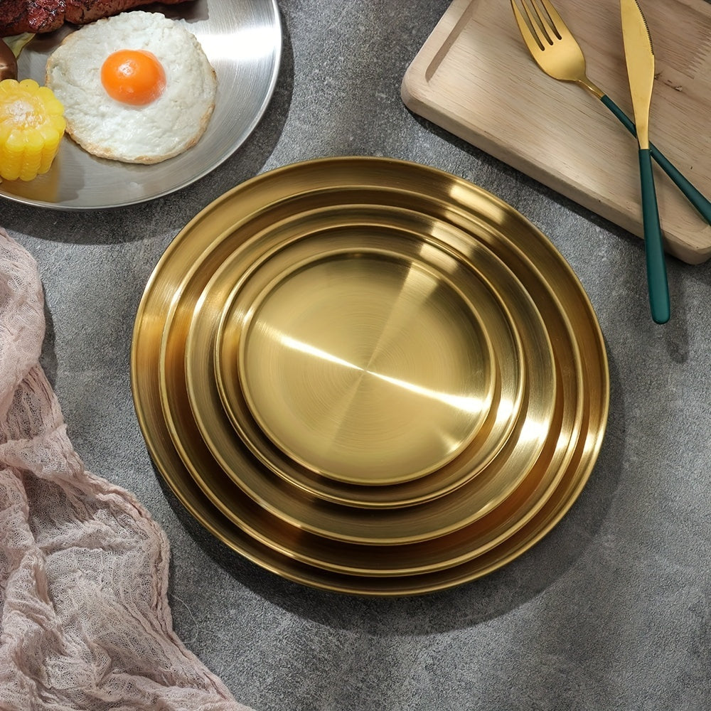 1pc Stainless Steel Dinner Plate for kitchen, restaurant, party use. Can be used as a fruit plate, meat plate, cake plate, dessert plate, or round plate.