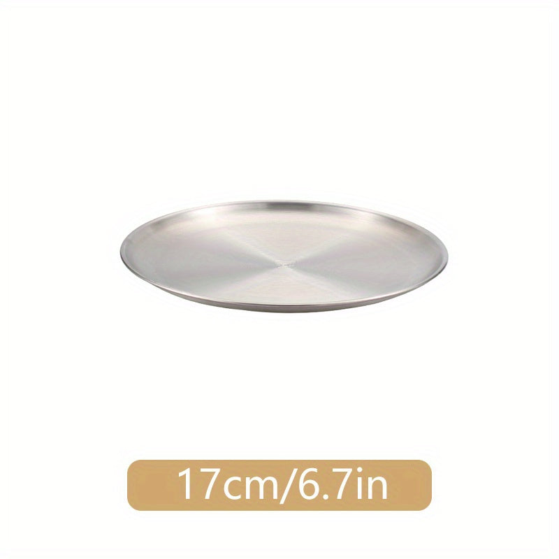 1pc Stainless Steel Dinner Plate for kitchen, restaurant, party use. Can be used as a fruit plate, meat plate, cake plate, dessert plate, or round plate.