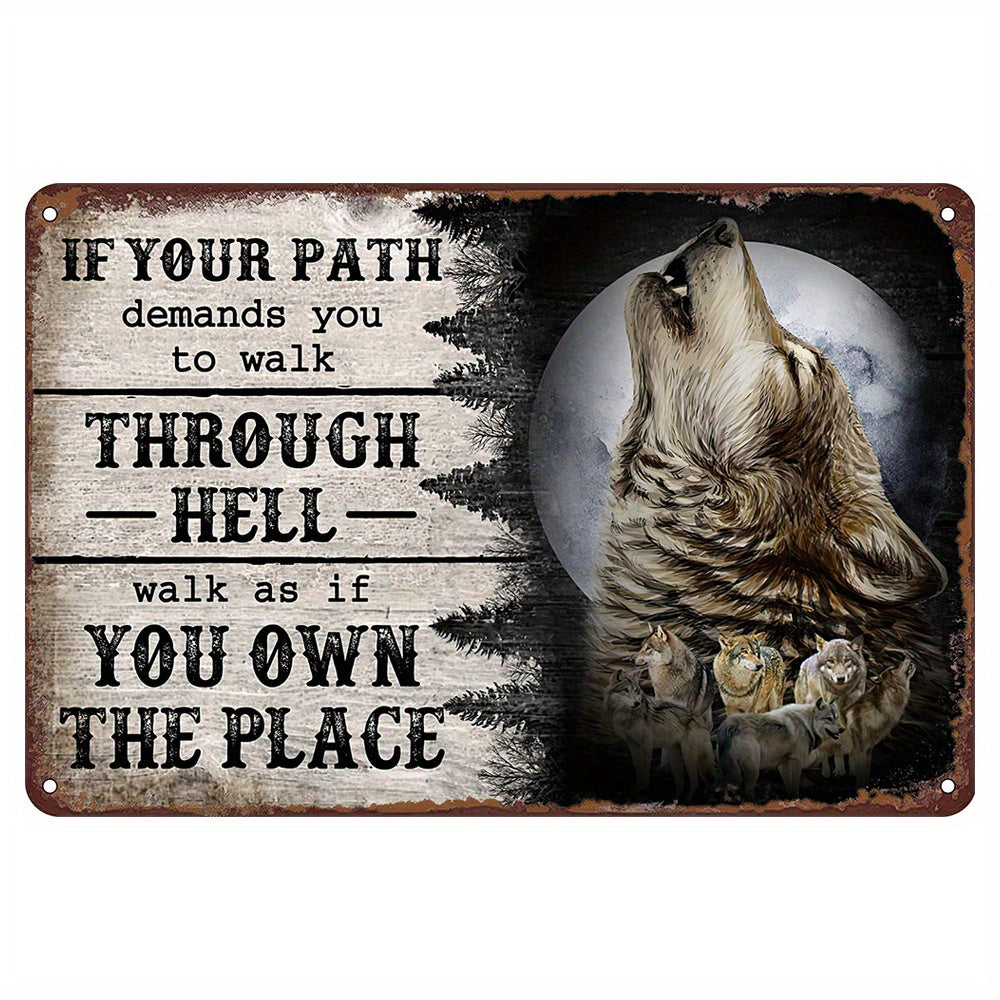 Metal tin sign featuring a wolf design with the quote: "If your path demands you to walk through hell, walk as if you own the place." This funny wall art is perfect for interior decoration in a home, bar, cafe, restaurant, shop, garage, kitchen, gym