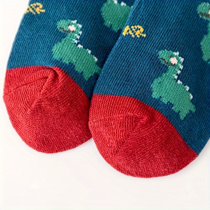 5 boys' green dinosaur socks in breathable polyester blend, ideal for spring and summer