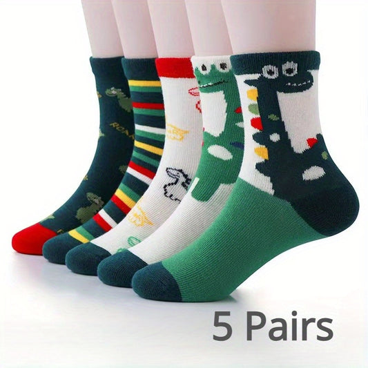 5 boys' green dinosaur socks in breathable polyester blend, ideal for spring and summer