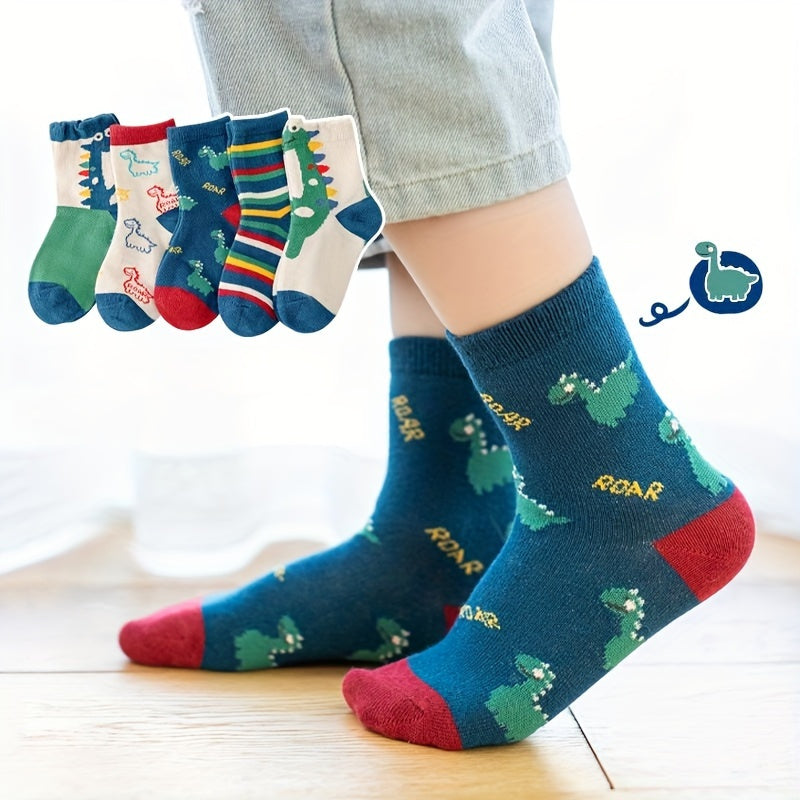 5 boys' green dinosaur socks in breathable polyester blend, ideal for spring and summer