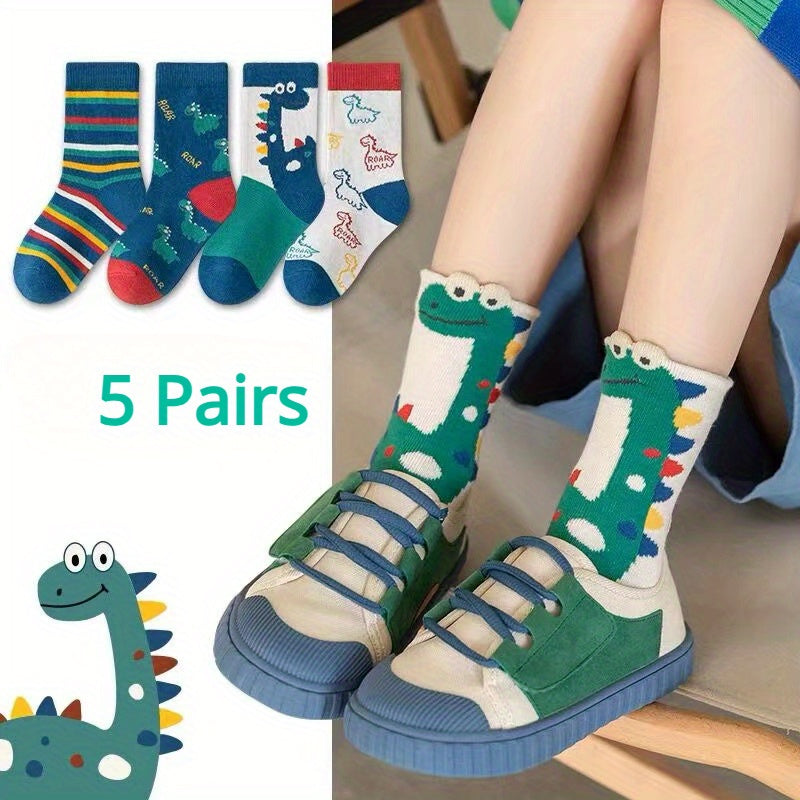 5 boys' green dinosaur socks in breathable polyester blend, ideal for spring and summer