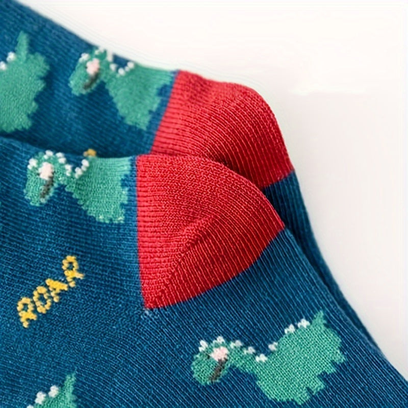 5 boys' green dinosaur socks in breathable polyester blend, ideal for spring and summer