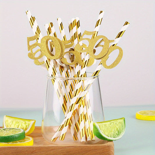 Set of 10 Top-Notch Paper Straws for a 50th Birthday Bash, Featuring Elegant Golden Foil Number "50" - Ideal for Festive Celebrations, Strong and Stylish, Great for Birthday Party Décor