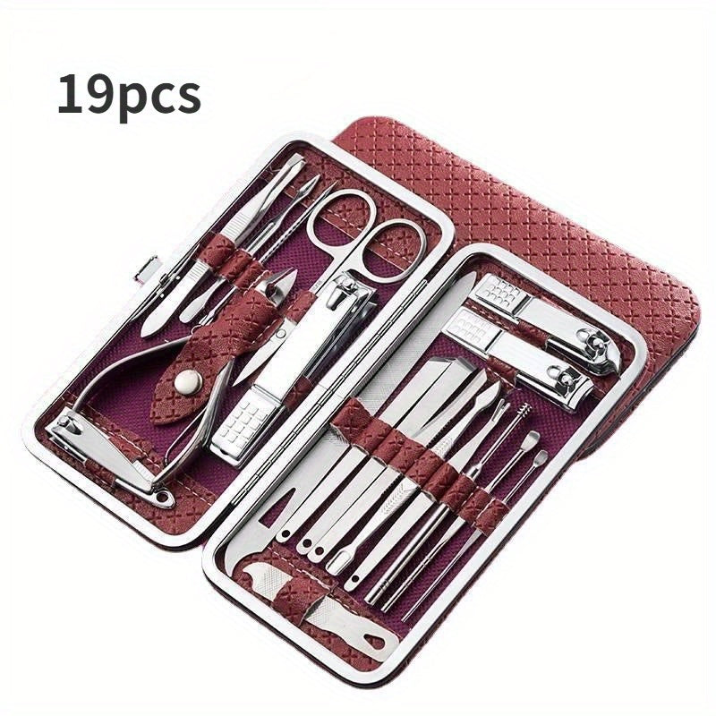 Set of 8 or 19 stainless steel nail clippers and manicure tools for foot care.