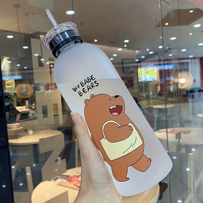 Portable 33.81oz cartoon bear water bottle with straw, ideal for outdoor sports and fitness.