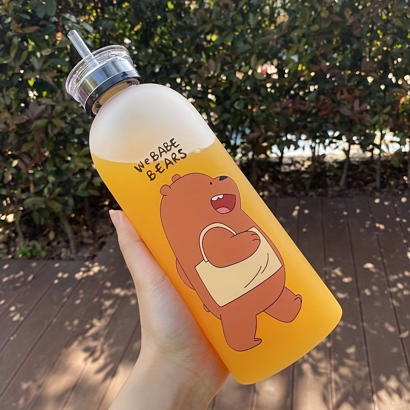 Portable 33.81oz cartoon bear water bottle with straw, ideal for outdoor sports and fitness.