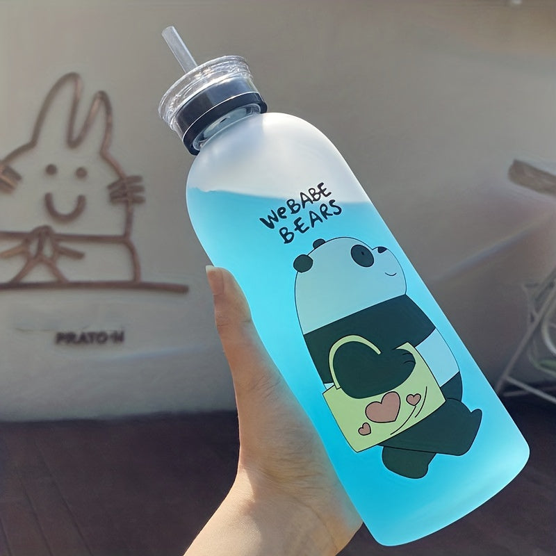 Portable 33.81oz cartoon bear water bottle with straw, ideal for outdoor sports and fitness.