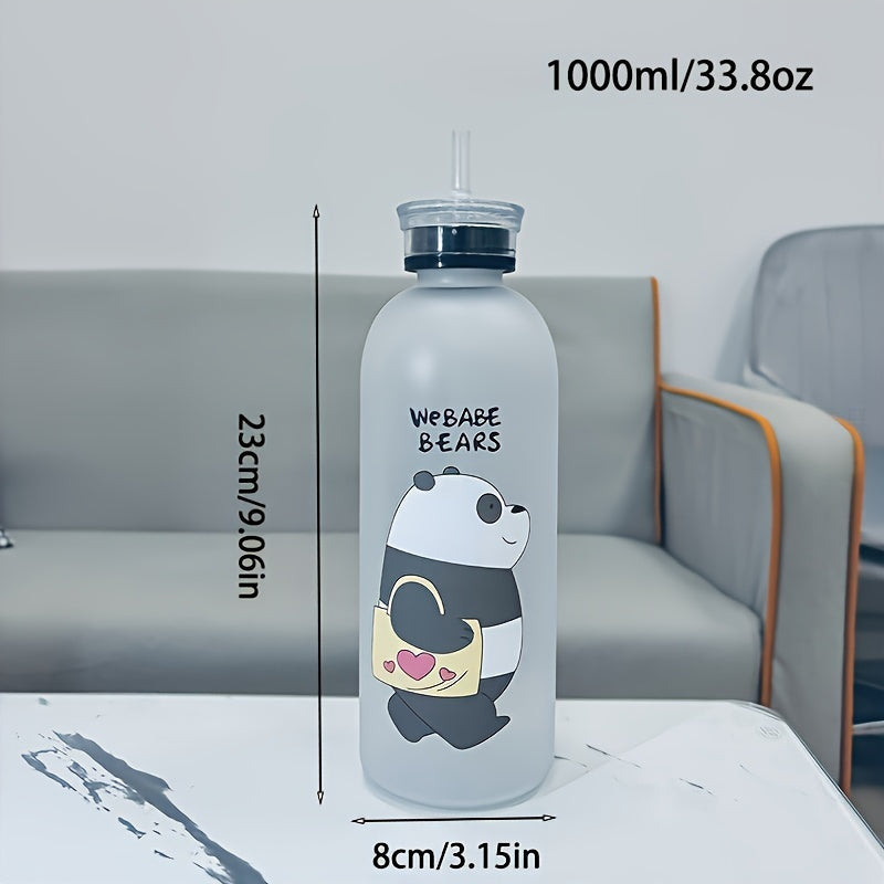 Portable 33.81oz cartoon bear water bottle with straw, ideal for outdoor sports and fitness.