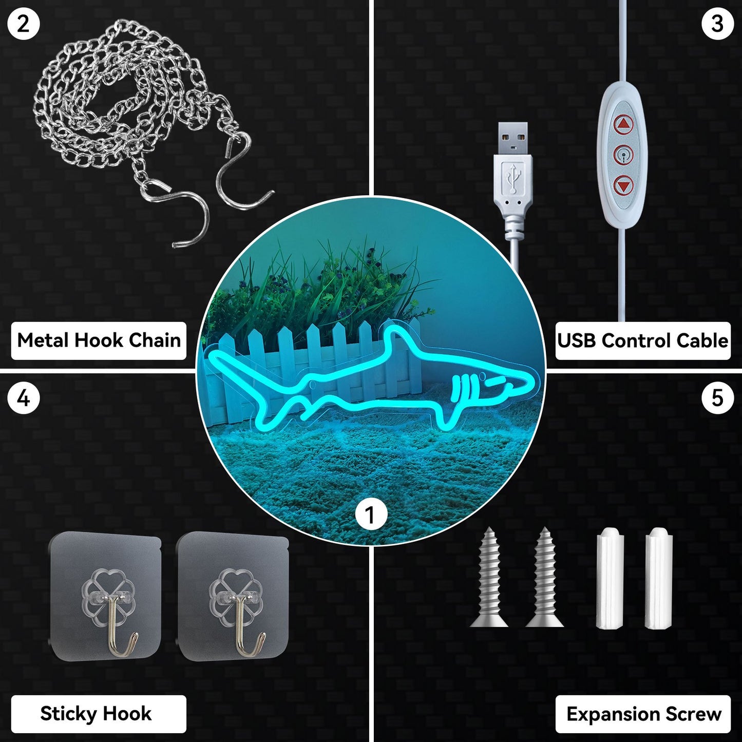 Uy bezatish uchun Blue Shark LED neon belgi, USB quvvatlanadi, dimmer kaliti va bosish tugmasi bilan boshqariladi, yotoqxona, hayvonot bog'i, bar, klub va partiyalar kabi turli joylar uchun mos.