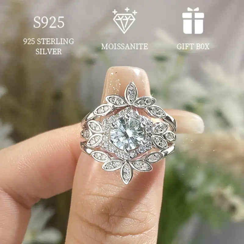 Exquisite 1ct Moissanite Ring Set - 3pcs of S925 Sterling Silver, Allergy-Free, Timeless Six-Leaf Design for Women | Ideal for Engagement, Wedding, Valentine's, and Mother's Day | Comes with Certificate and Elegant Gift Box