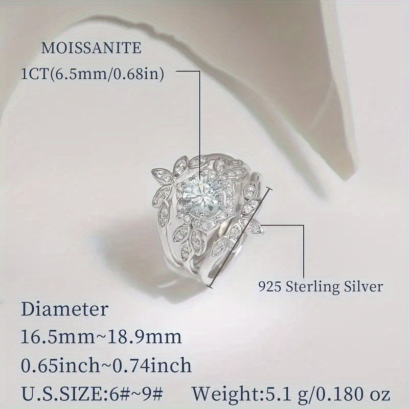 Exquisite 1ct Moissanite Ring Set - 3pcs of S925 Sterling Silver, Allergy-Free, Timeless Six-Leaf Design for Women | Ideal for Engagement, Wedding, Valentine's, and Mother's Day | Comes with Certificate and Elegant Gift Box