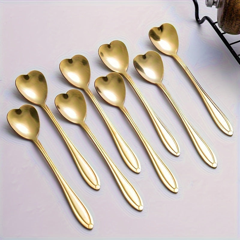 Set of 8 Heart-shaped Stainless Steel Ice Spoons in Gold, Multipurpose Mixing and Dessert Coffee Spoons, Perfect Gift and Creative Kitchen Accessories for the Home