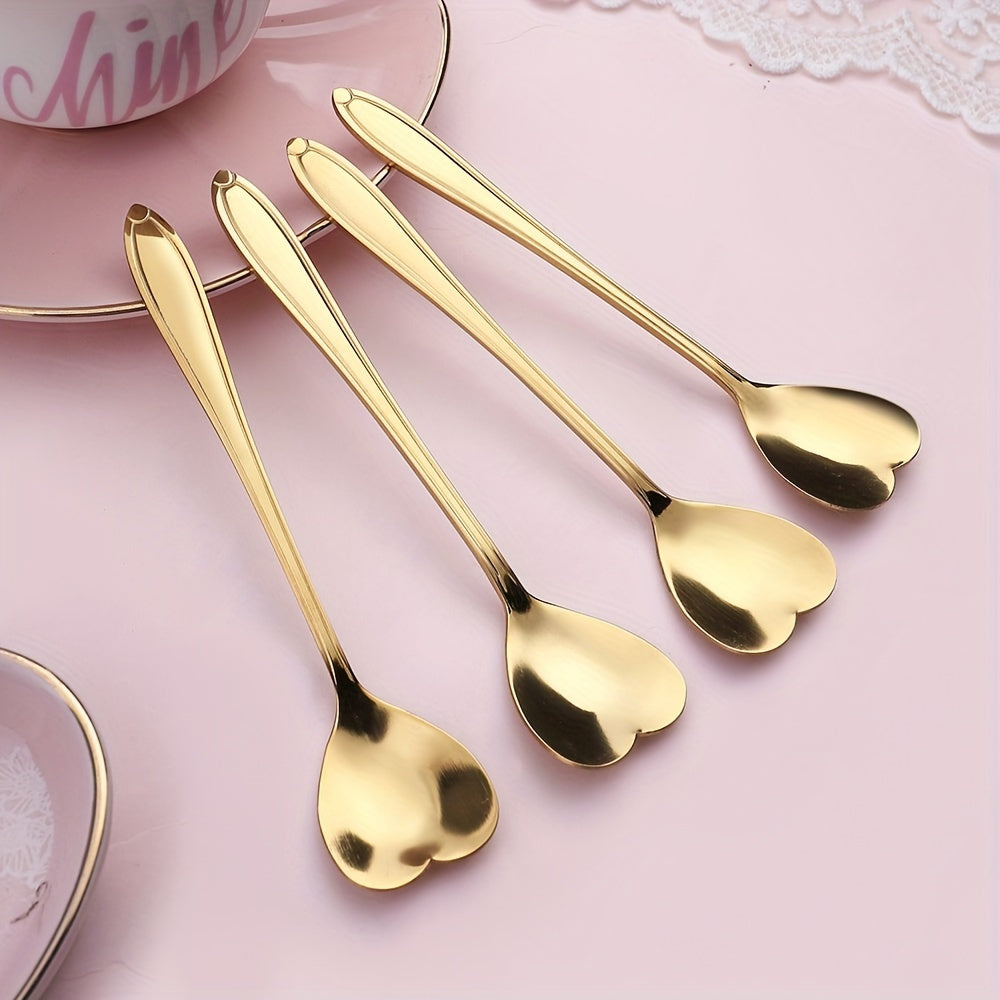 Set of 8 Heart-shaped Stainless Steel Ice Spoons in Gold, Multipurpose Mixing and Dessert Coffee Spoons, Perfect Gift and Creative Kitchen Accessories for the Home