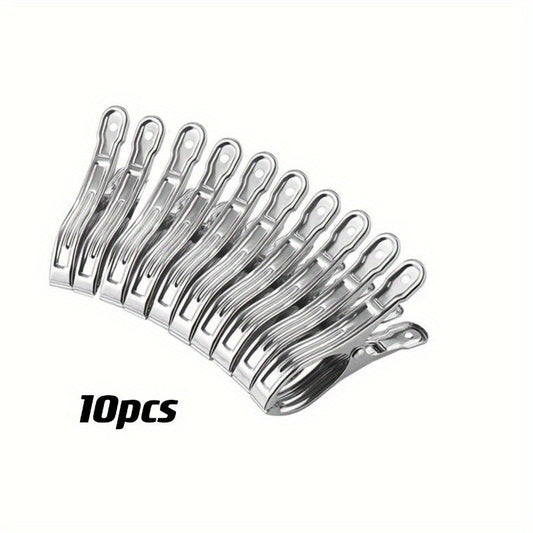 Set of 10 Large Stainless Steel Clips - Sturdy, Windproof Design for Hanging Quilts & Drying Laundry, Perfect for Organizing Clothes in Home Storage